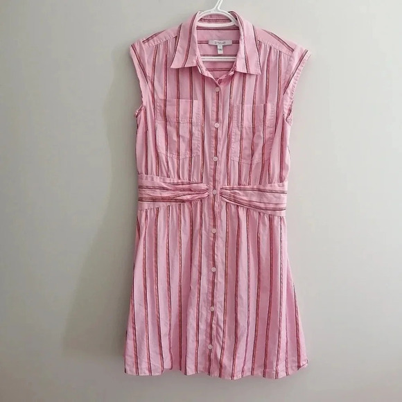 Derek Lam 10 Crosby Pink Striped Fit and Flare Shirt Dress Gathered Waist 6 - Picture 3 of 15